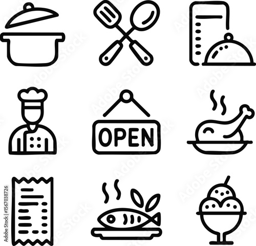 Restaurant Icons Food, Chef, Menu, Open Sign, and More