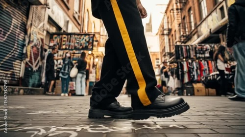 Urban Street Style: Yellow Stripe Pants and Boots in Brick Lane Market