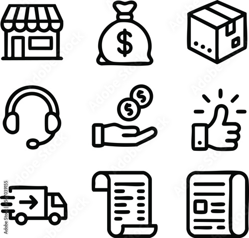 Ecommerce Icons Store, Delivery, Payment, Support, Review