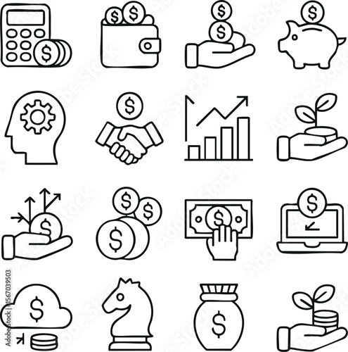 Finance Icons Investment, Growth, and Financial Management Line Art