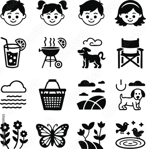 Picnic Icons Family Fun, Outdoor Activities, Summertime Illustrations