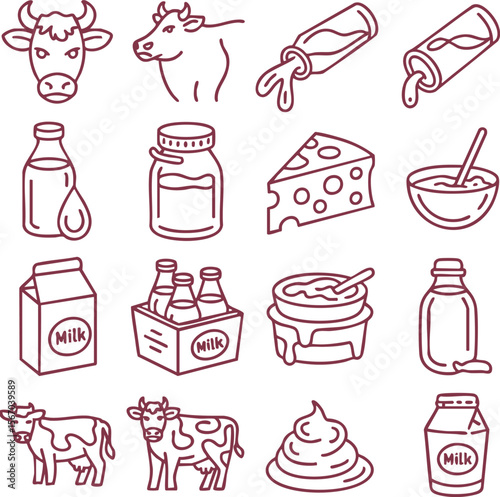 Dairy Products Icons Milk, Cheese, Yogurt, Butter & Cows - Vector EPS