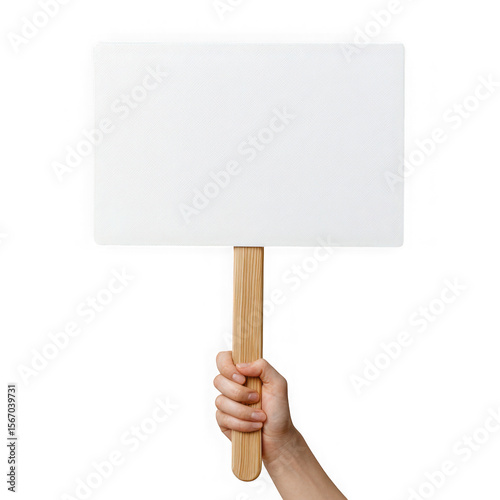 Hand holding a blank white protest sign with a wooden handle isolated on transparent background