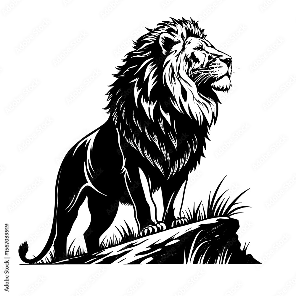 Obraz premium Majestic Roaring Lion Vector – Bold Black and White Animal Silhouette for Tattoo, Logo, Poster, and T-Shirt Design.