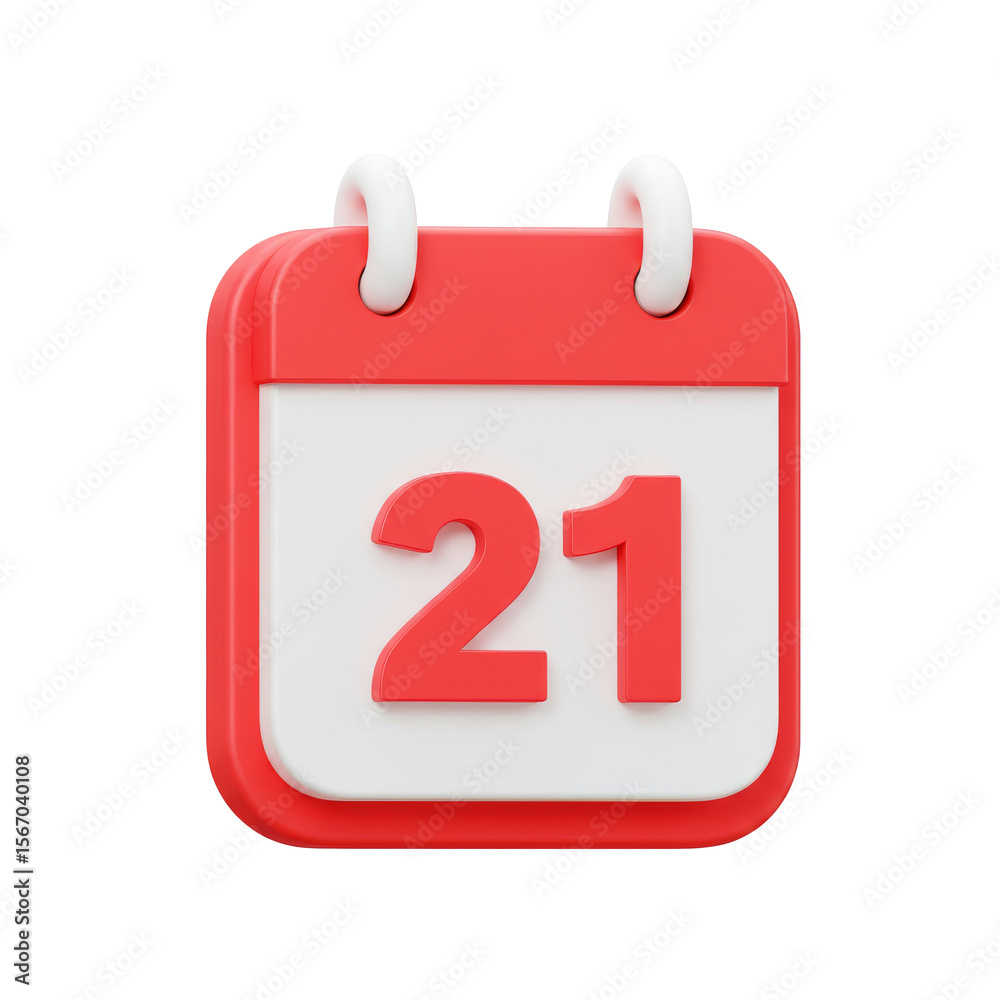 3D plastic-style calendar icon in red and white with curved corners and soft shadows, displaying a generic date — ideal for scheduling, events, and planning applications.

