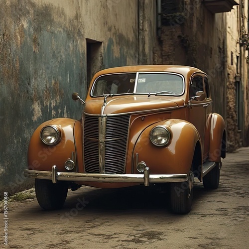 vintage car, classic vehicle, retro car, antique auto, nostalgic, alleyway, rustic wall, old town, historic, vintage style, travel, urban scene, heritage, automobile, 1940s, collector car