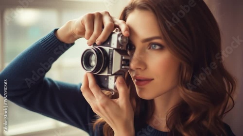 Woman Focused on Capturing a Moment with Vintage Camera