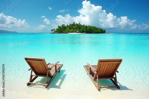 Two empty beach chairs facing a tropical island paradise