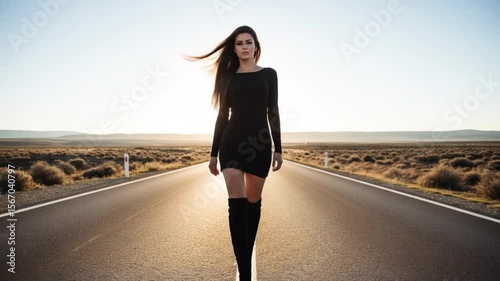 Woman in Black Dress Walking on Desert Highway at Sunset
