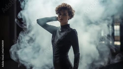 Woman in Black Leather Jumpsuit Amidst Smoky Industrial Setting