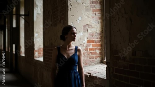 Woman in Blue Dress Gazing Out Window in Abandoned Brick Building, Moody Lighting