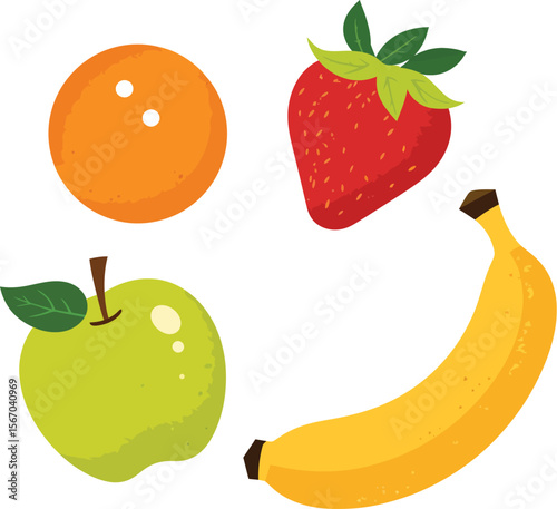 Colorful set of fruits apple banana orange strawberry