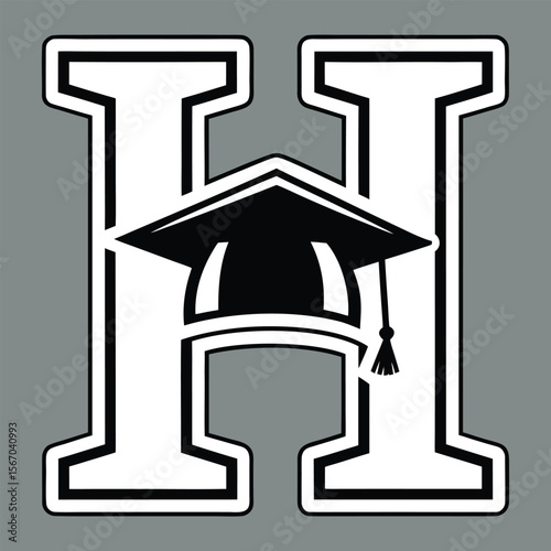 Bold white letter h with black outline and graduation cap logo