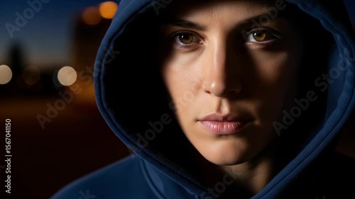 Woman in Blue Hoodie: Intense Gaze in Dark Setting, Mysterious Mood