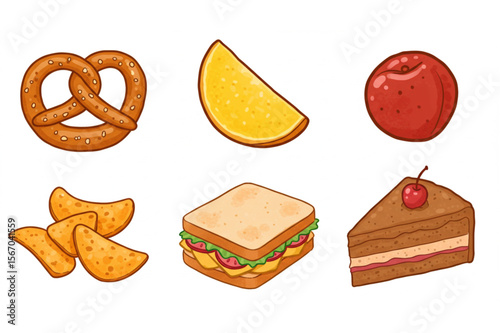 Appealing food collection displays a sandwich, pretzel, cake, fruit and chips perfect for menu designs, cooking blogs or snack graphics.