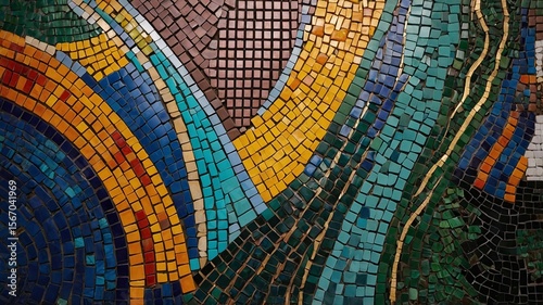 Colorful mosaic artwork showcasing swirling patterns and vibrant hues in shades of blue, orange, and green.