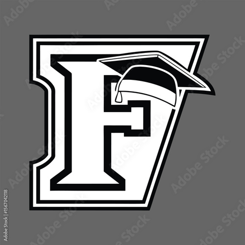 Bold letter f academic graduation cap emblem vector