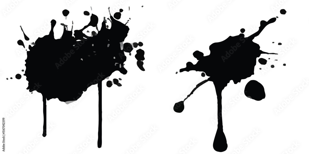 A black and white photo of splatters of paint on a white background. Abstract black paint splatter creating dynamic movement against a white background.