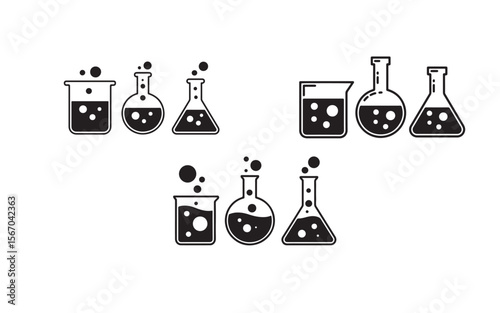 Collection of chemistry lab glassware icons with bubbles silhouette isolated on white background