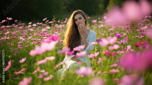 Woman in White Dress Amidst Cosmos Flowers
