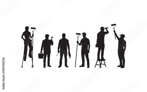 Group of painters with tools and equipment silhouette isolated on white background