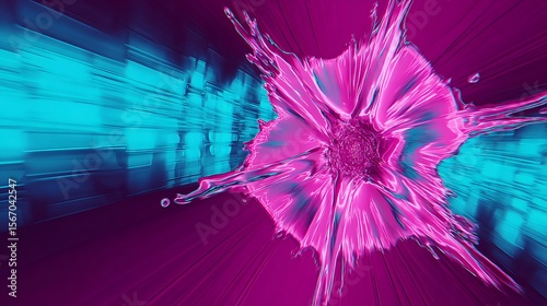 Vibrant, abstract design with radiating magenta and turquoise elements.