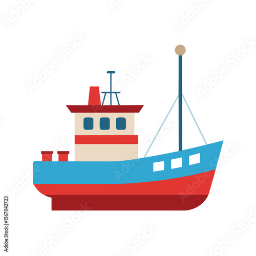 Colorful Trawler Boat Vector on White Backdrop