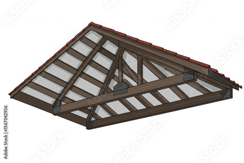 A gable roof construction illustration showcases building architecture and framework with a focus on structural support for architectural and engineering design.