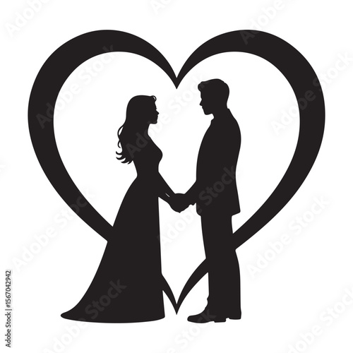 Elegant black silhouette of a bride and groom holding hands within a large heart shape symbolizing love and commitment