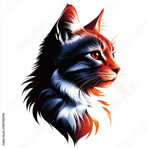 Logo brand of a cat's head. The cat has a mix of black, red, orange, and blue hues, on its fur , isolated on white background.