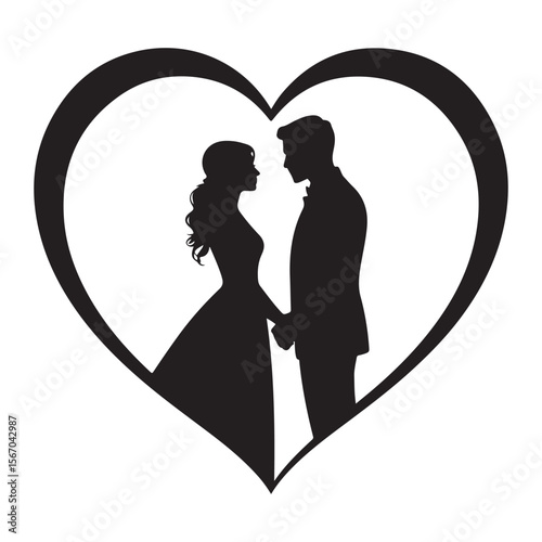 Elegant black silhouette of a bride and groom holding hands within a stylized heart shape symbolizing love and marriage