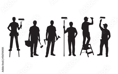 Diverse group of painters and construction workers silhouette isolated on white background