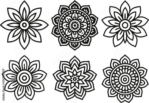 Black and white mandala flower set design elements