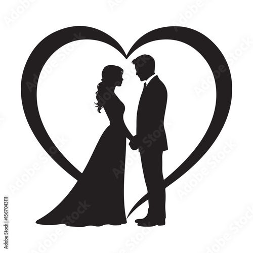 Silhouette of a bride and groom holding hands within a stylized heart shape symbolizing love and marriage