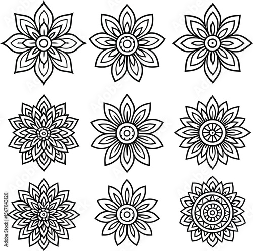 Nine black and white mandala flower designs set