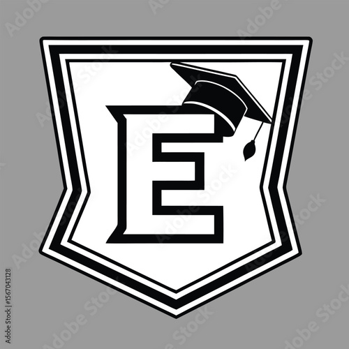 Bold letter e academic graduation cap emblem vector