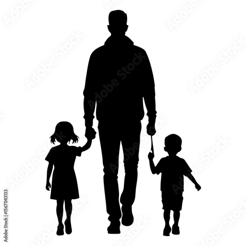 Father Walking with Children Silhouette Vector – Family Bond Concept