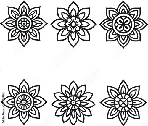 Six black mandala flower designs set of mandala design