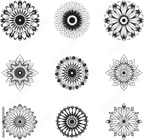 Elegant black and white mandala flower set design