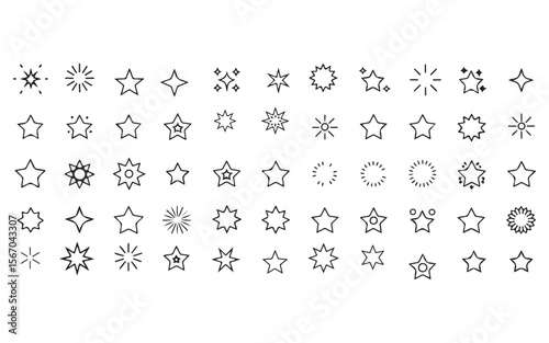 Collection of star and sparkle shapes in outline silhouette style isolated on white background