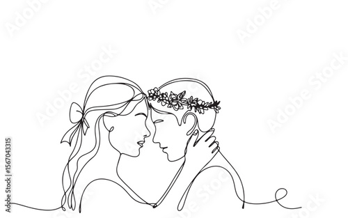 Romantic couple embracing with flower crown and bow silhouette isolated on white background