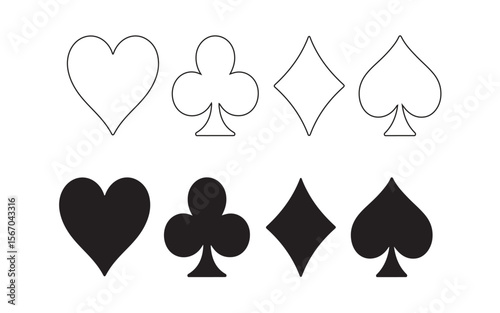 Playing card suits symbols outline and silhouette isolated on white background