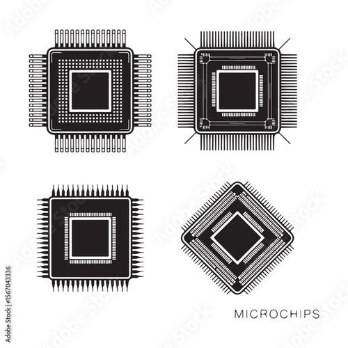A collection of four stylized black and white vector illustrations of microchips or computer processors on a white background