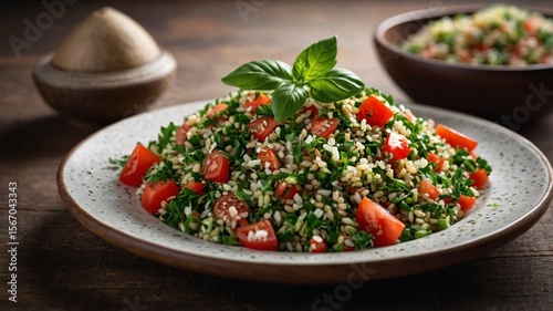 Wallpaper Mural Fresh tabbouleh salad with tomatoes and parsley, garnished with basil on a rustic wooden table. Torontodigital.ca