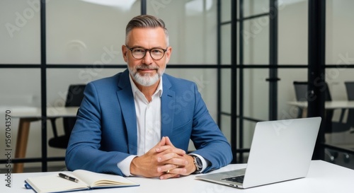 Mature businessman is sitting at his desk with a laptop