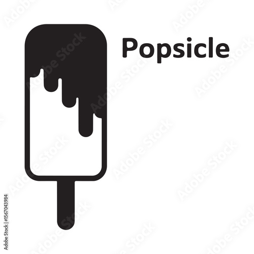 Simple black and white icon of a popsicle with dripping chocolate and the word popsicle