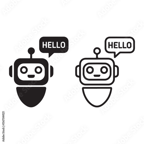 Friendly robot icon with a speech bubble saying hello in both solid black and outline styles