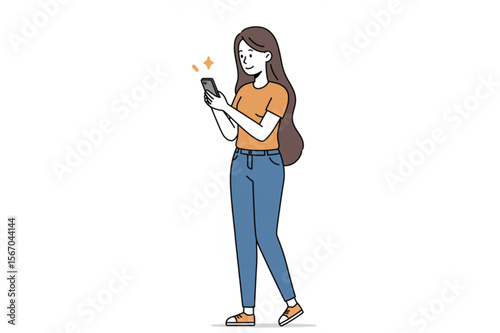 Pretty young woman cheerfully using a smartphone with shining icons around, a mobile app user for branding, advertisement, and promotion.