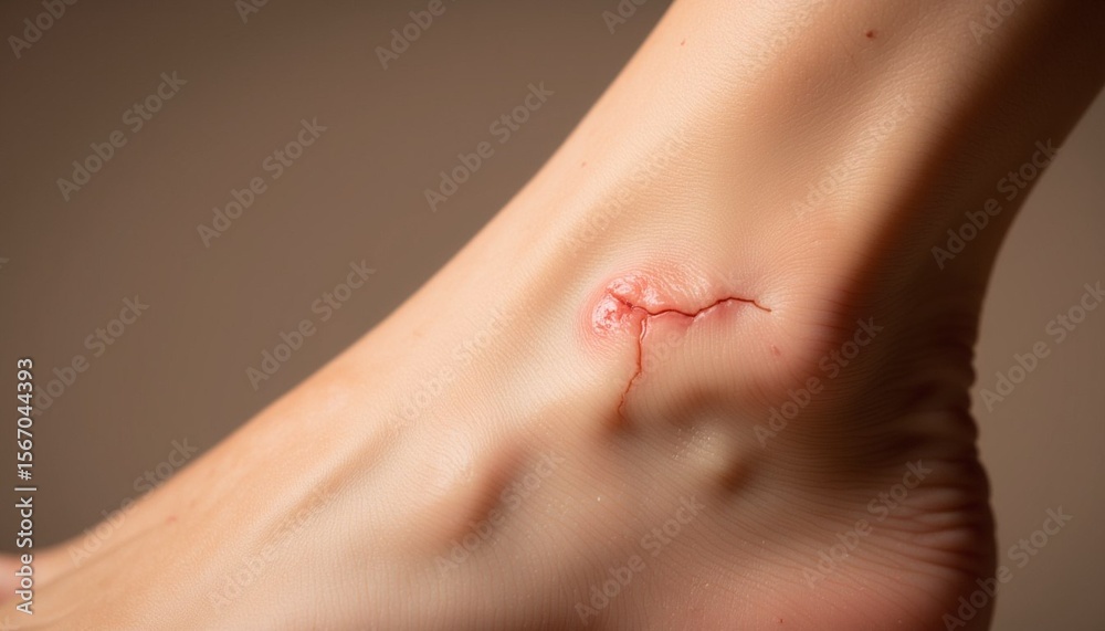 Obraz premium Injured ankle with visible wound and sutures on skin