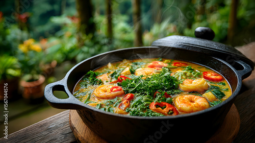 Traditional moqueca with shrimp and fish simmering in coconut broth, blurred outdoor tropical garden right